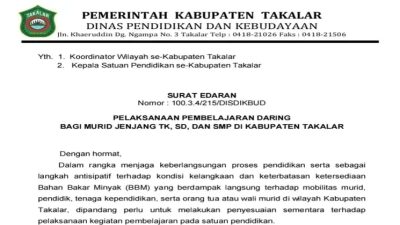 Imbas Ketersediaan BBM Terbatas, Pembelajaran TK hingga SMP di Takalar Digelar Daring